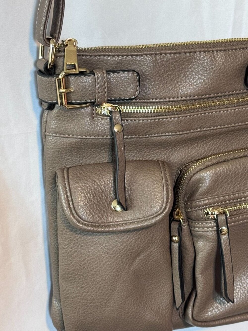 Multi Pocket Faux Leather Crossbody Purse Brown Taupe Adjustable Strap - Picture 6 of 10